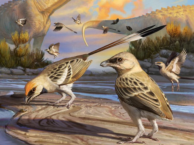 Grafische Rekonstruktion von Navaornis hestiae in seiner Umgebung vor 80 Millionen Jahren.