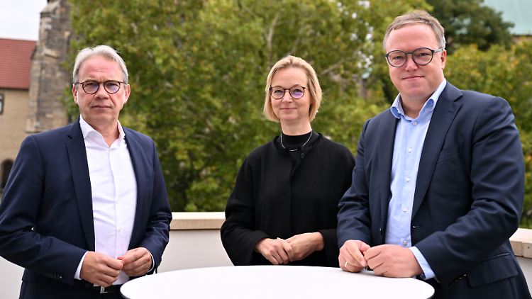 Die Landeschefs von SPD, BSW und CDU: Mayer, Wolf und Voigt. 
