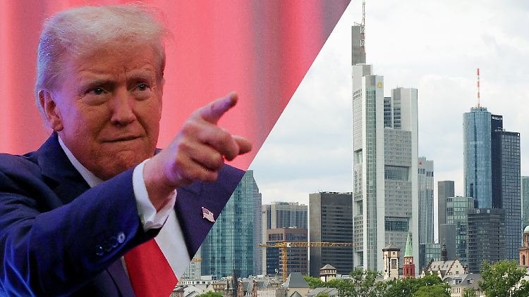 Bildkombination: Der wiedergewählte US-Präsident Donald Trump und das Frankfurter Bankenviertel. 