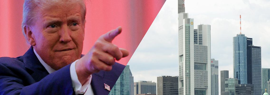 Bildkombination: Der wiedergewählte US-Präsident Donald Trump und das Frankfurter Bankenviertel.