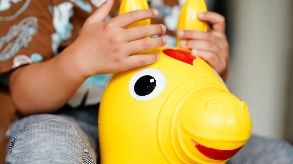 Ein-Kind-sitzt-auf-einem-Huepftier