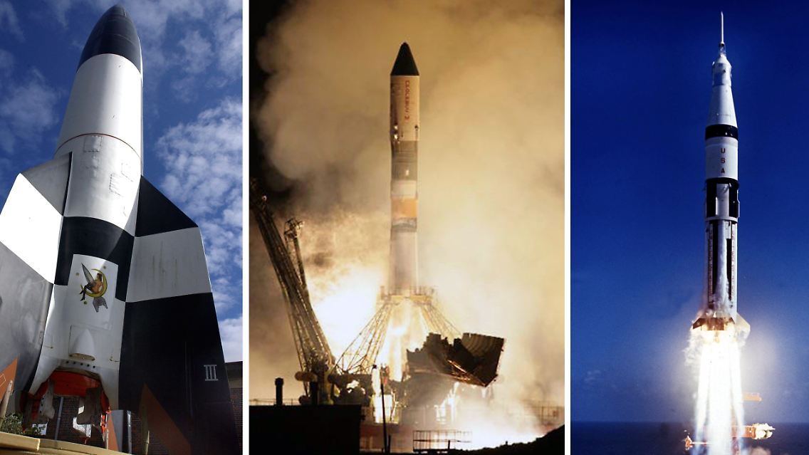 Nachbau einer V2-Rakete aus Peenemünde, eine Sojus-Rakete beim Start auf dem kasachischen Kosmodrom in Baikonur und der Start einer Saturn 1B-Rakete mit einer Apollo-Kapsel vom Kennedy Space Center Cap Canaveral (v.l.n.r.).