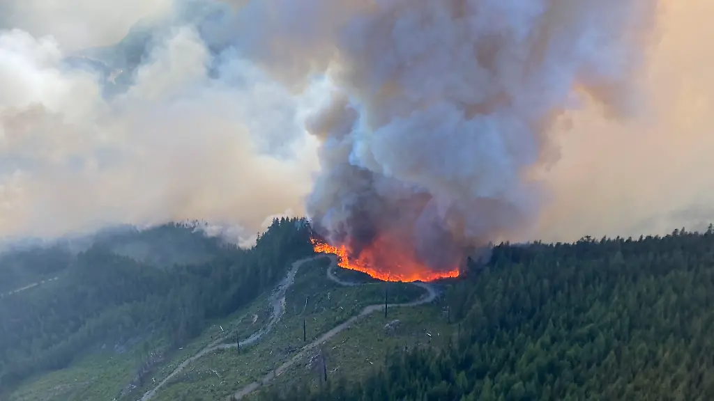 Rekordjahr-in-Kanada-Ein-Luftbild-des-BC-Wildfire-Service-zeigt-Waldbraende-in-der-Kuestenregion-von-British-Columbia