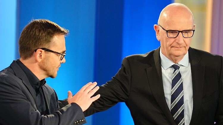 CDU-Chef Redmann und der wiedergewählte Ministerpräsident Woidke bei einem TV-Duell der Spitzenkandidaten vor der Landtagswahl. 