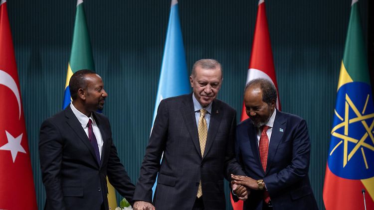 In der Türkei vermittelte Präsident Erdogan das Abkommen zwischen Somalis Staatschef Mohamud (r.) und dem äthiopischen Premier Ahmed (l.).