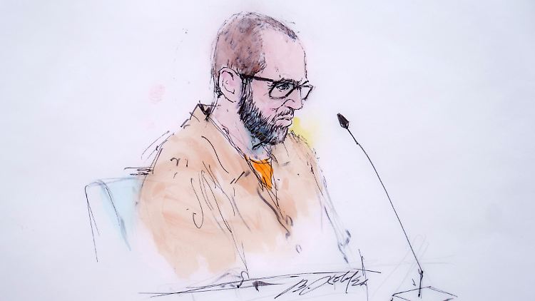 Die Zeichnung zeigt Alexander Smirnov vor Gericht.