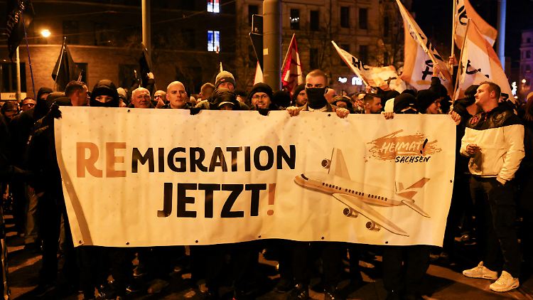 Eine Gruppe Menschen mit einem Transparent, das die Aufschrift "Remigration" trägt.