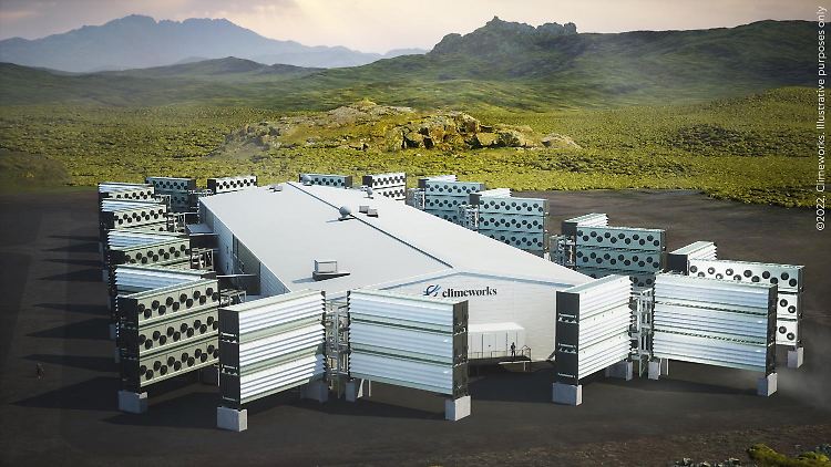 Eine grafische Illustration von der Climeworks Ag zeigt eine Anlage zum CO₂-Entzug aus der Atmosphäre.