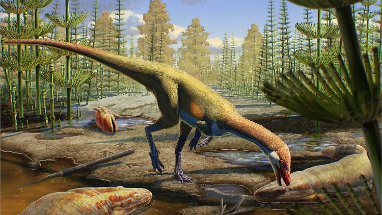 Die Grafik zeigt, wie die Dinosaurier-Art Ahvaytum bahndooiveche vor etwa 230 Millionen Jahren ausgesehen haben könnte. 