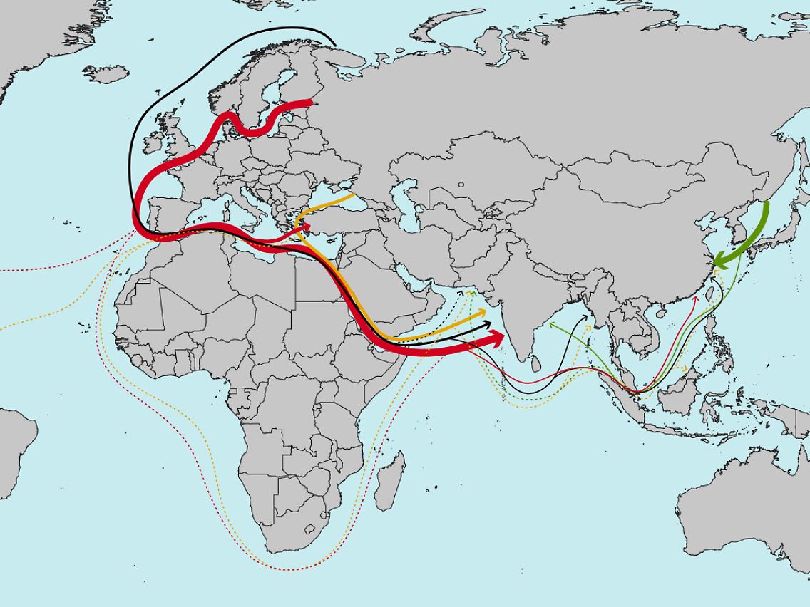 Typische Routen von Russlands Schattenflotte.