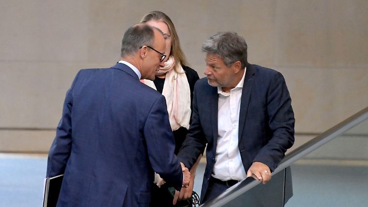 Habecks Wirtschaftspolitik werde mit dem Sieg bei der Bundestagswahl beendet, sagt Merz (l.).