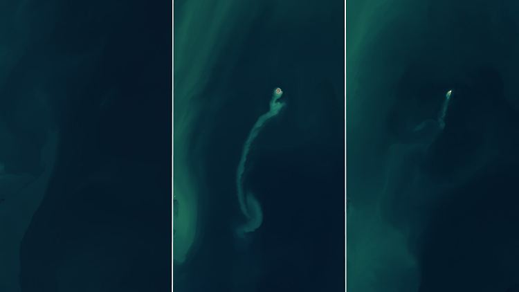 Satellitenbild der Kumani-Bank, die zwischen 2022 und 2024 auftaucht und langsam wieder verschwindet.