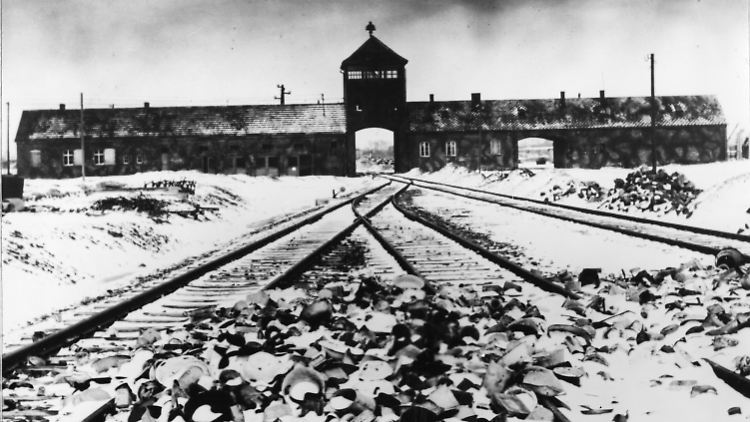 Das Lagertor von Auschwitz-Birkenau kurz nach der Befreiung im Februar/März 1945. 
