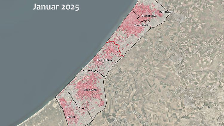 Schadensanalyse im Gazastreifen anhand von Copernicus Sentinel-1-Satellitendaten von Corey Scher (CUNY Graduate Center) und Jamon Van Den Hoek (Oregon State University).
