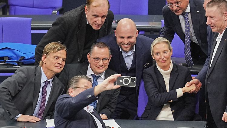 Jubende AfDler nach der Antragsabstimmung. Solche Bilder bereiteten ihm größtes Unbehagen, sagte Merz im Bundestag. Weidel hatte die Grünen noch beschuldigt, die Opfer von Aschaffenburg zu vergessen, als einige Abgeordnete bei einer Demo gegen Rechts in Berlin lächelnd ein Selfie aufgenommen hatten.