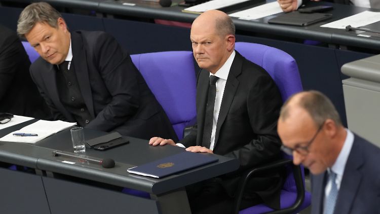 Habeck und Scholz fassen am Mittwoch im Bundestag den gemeinsamen Gegner ins Auge: CDU-Chef Merz. 