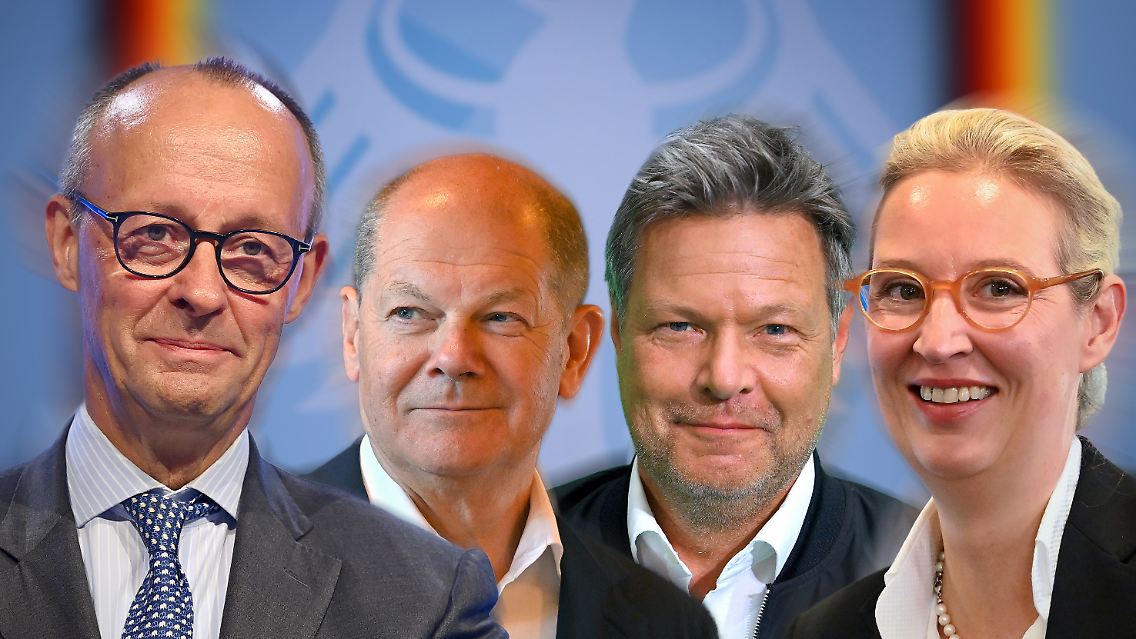 Treffen eine Woche vor der Wahl bei ntv aufeinander: Friedrich Merz, Olaf Scholz, Robert Habeck und Alice Weidel (von links).