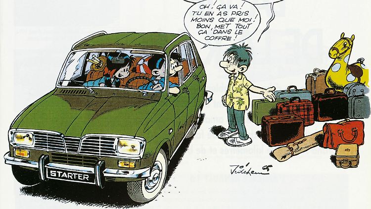 Zehn Reisekoffer und Taschen, Gummipferd und Angelausrüstung: Auch im Comic "Starter" packte der Renault 16 gewaltige Gepäckberge.