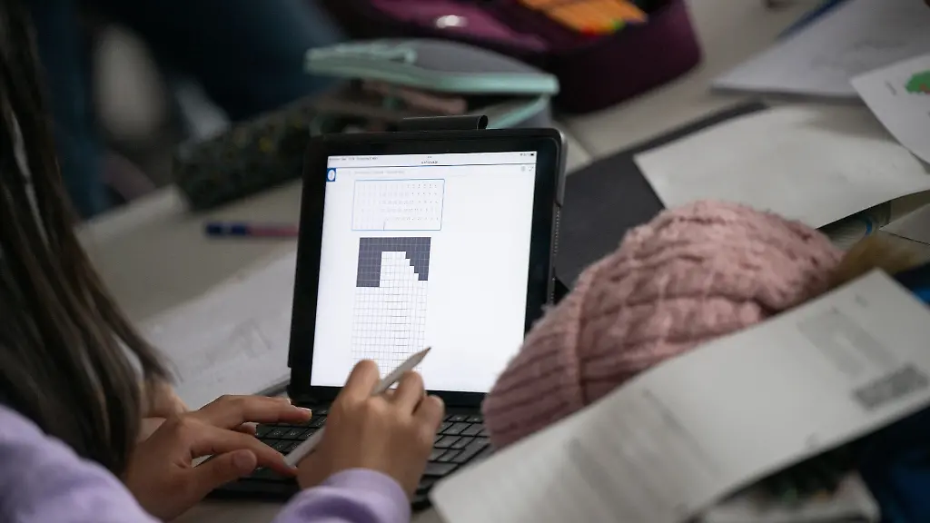 Eine-Schuelerin-benutzt-im-Unterrichtsfach-Digitale-Welt-ein-Tablet