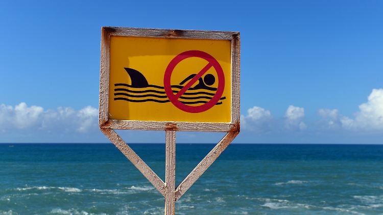 Ein Schild verbietet das Schwimmen im Meer.