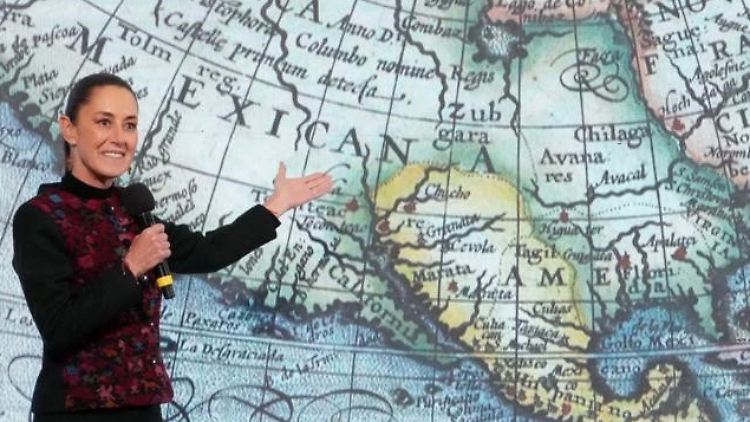 Mexikos Präsidentin Sheinbaum präsentiert einen Gegenvorschlag, nachdem der Südteil der USA künftig "America Mexicana" (etwa: Amerikanisch Mexiko) genannt werden könnte.