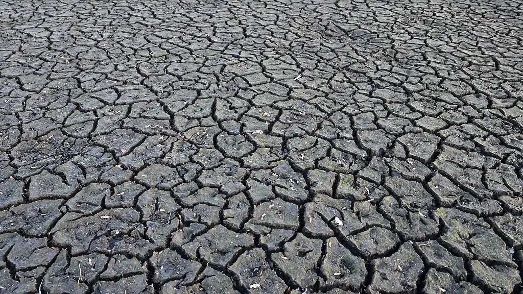 Ein-aufgerissener-und-ausgetrockneter-Boden-eines-Teiches