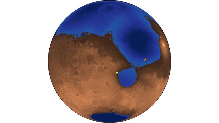 Grafik des Mars vor 3,6 Milliarden Jahren: Möglicherweise bedeckte ein Ozean fast die Hälfte des Planeten.