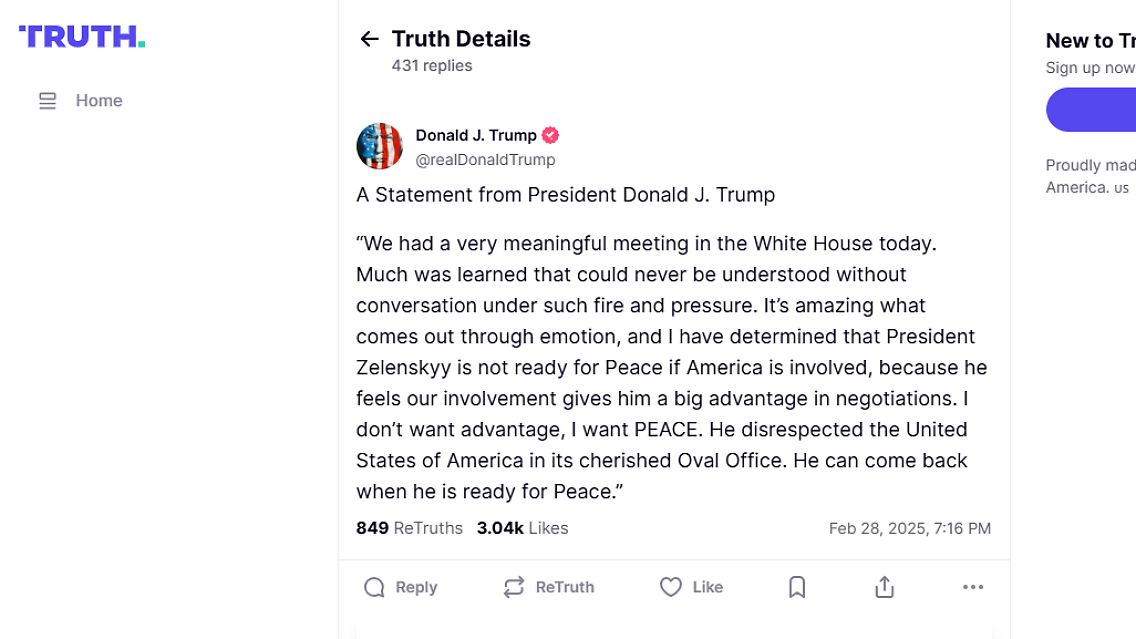 Das Posting von Trump auf Truth Social.
