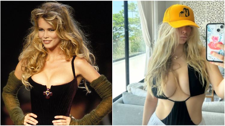 Claudia Schiffer 1992 auf dem Laufsteg für Chanel im Direktvergleich zu ihrer Tochter Clementine Vaughn in deren aktueller Instagram-Story.