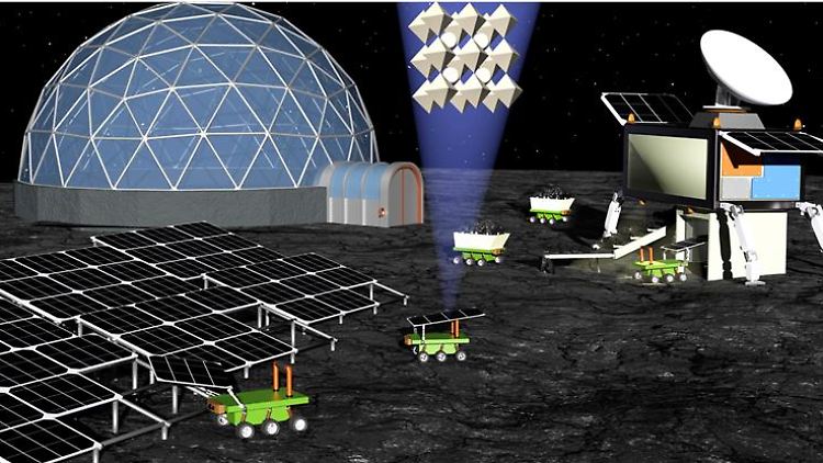 Die grafische Darstellung zeigt ein Konzept für die Herstellung von Solarzellen auf dem Mond.