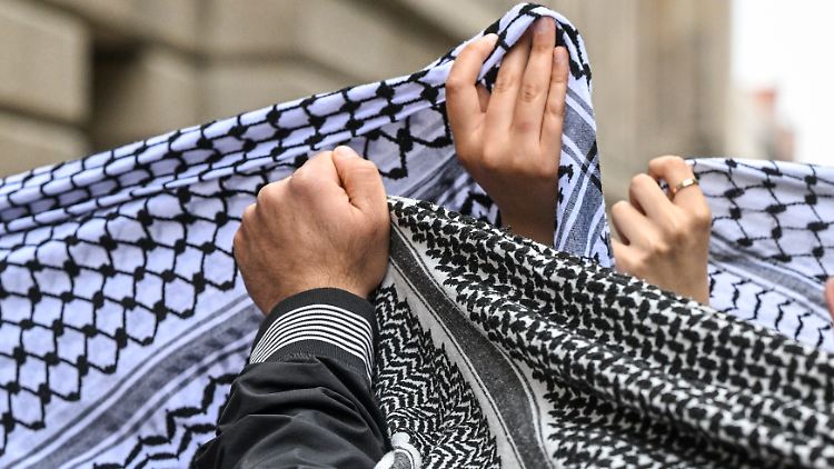 Bei einer pro-palästinensischen Demonstration halten Teilnehmer die Kufiya hoch. (Archivbild)