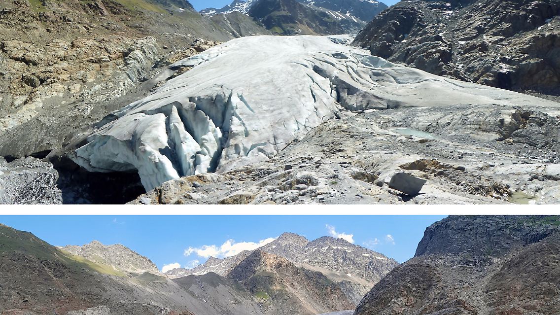 Die Kombo zeigt den Gepatschferner in den Ötztaler Alpen oben, aufgenommen im Juli 2017 und unten, aufgenommen im Juli 2023.
