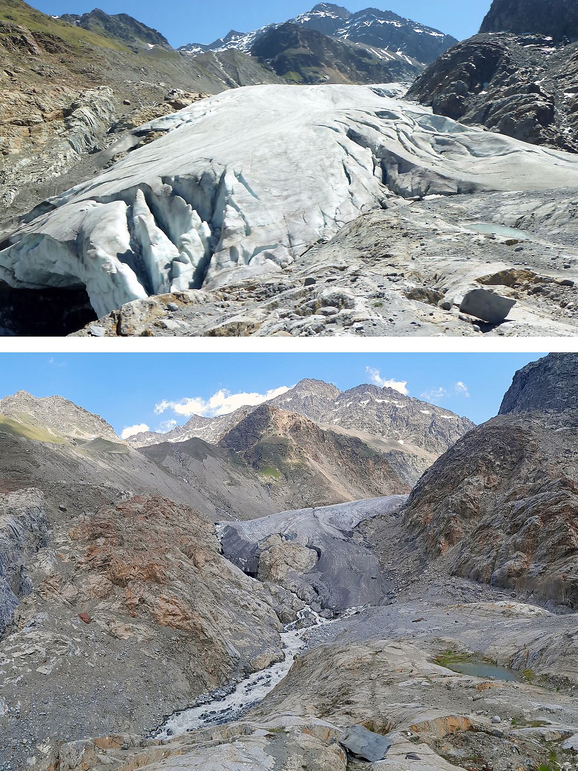 Vorher und nachher: Ötztaler Alpen (oben) im Juli 2017 und im Vergleich dazu im Juli 2023 (unten).