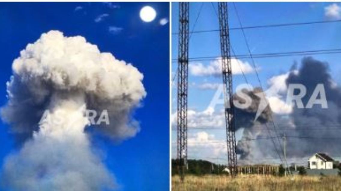 Der Screenshot zeigt verschiedene Videos des Telegramm-Kanals von "RBC-Ukraine", die die Explosionen zeigen sollen.