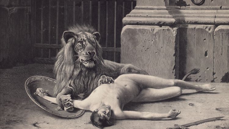 Einen etwas verklärten Blick auf die martialischen Gladiatorenkämpfe warf der Maler Alexander von Wagner mit seinem Holzstich "In der Arena" um 1890.