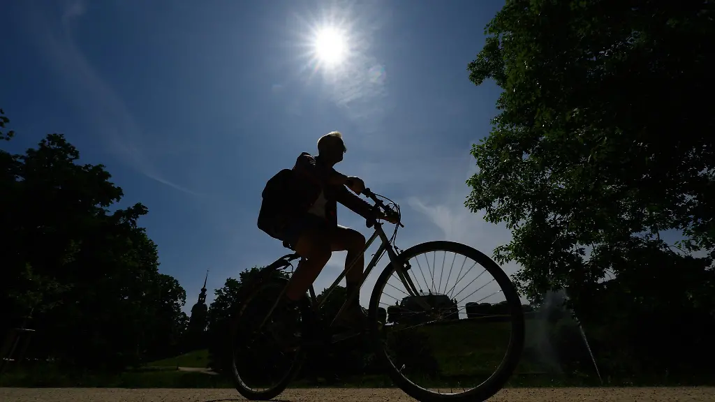 Ein-Radfahrer-faehrt-bei-Sonnenschein-durch-den-Park-am-Zwingerteich