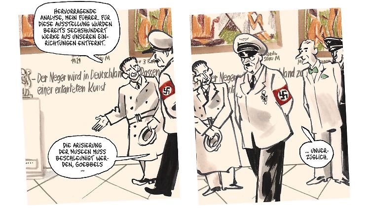 Auch Adolf Hitler selbst schaut sich die Ausstellung "Entartete Kunst" an.