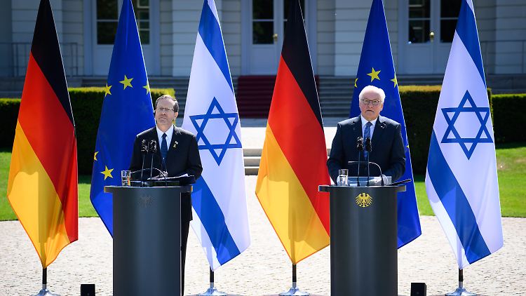 Steinmeier (rechts) gibt dem israelischen Präsidenten Herzog Ratschläge zum Vorgehen in Gaza.
