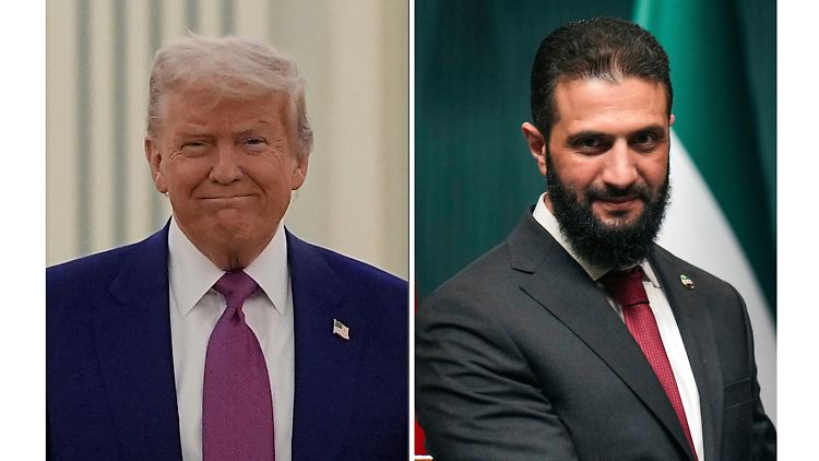 Ahmed al-Schaara (r.) führte die Rebellenoffensive an, durch die Assad im Dezember gestürzt wurde. 