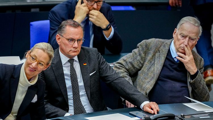 AfD-Chefin Weidel im Gespräch mit Fraktionsgeschäftsführer Baumann, Co-Chef Chrupalla und der Ehrenvorsitzende Gauland denken nach.