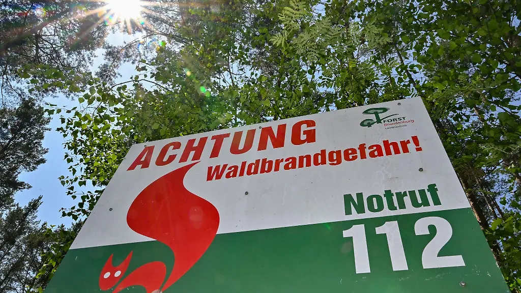 Ein-Schild-vom-Landesbetrieb-Forst-Brandenburg-mit-der-Aufschrift-Achtung-Waldbrandgefahr-Notruf-112-steht-vor-Baeumen