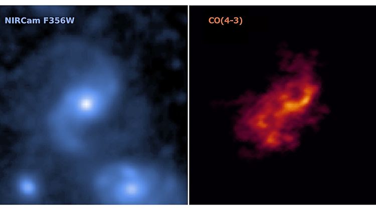Aufnahmen der Galaxie J0107a einmal im Infrarotbereich (links) und im Radiowellenbereich.