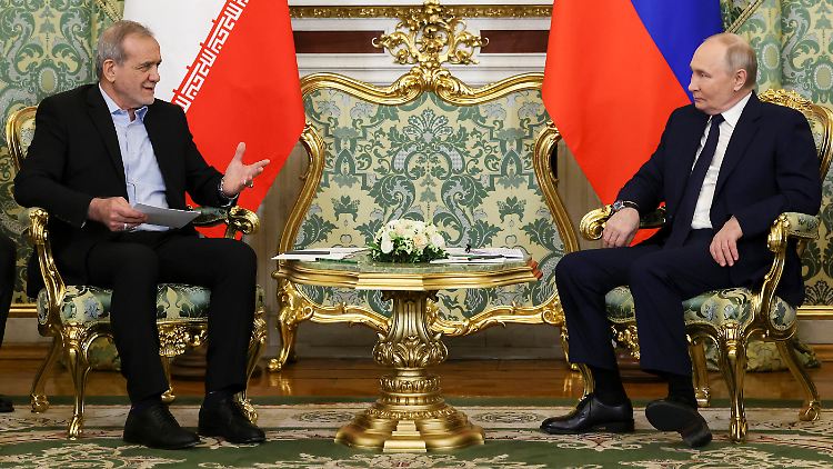 Putin und der iranische Präsident Massud Peseschkian während ihres Treffens Anfang des Jahres im Kreml. 