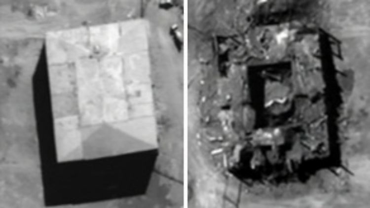 Satellitenaufnahme des Reaktors in Syrien vor (links) und nach dem israelischen Luftangriff.