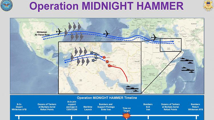 Sieben Tarnkappenbomber, je zwei Mann Besatzung, 18 Stunden Flug nonstop, mehrfach in der Luft betankt: die Eckdaten zum US-Militärschlag "Midnight Hammer". 