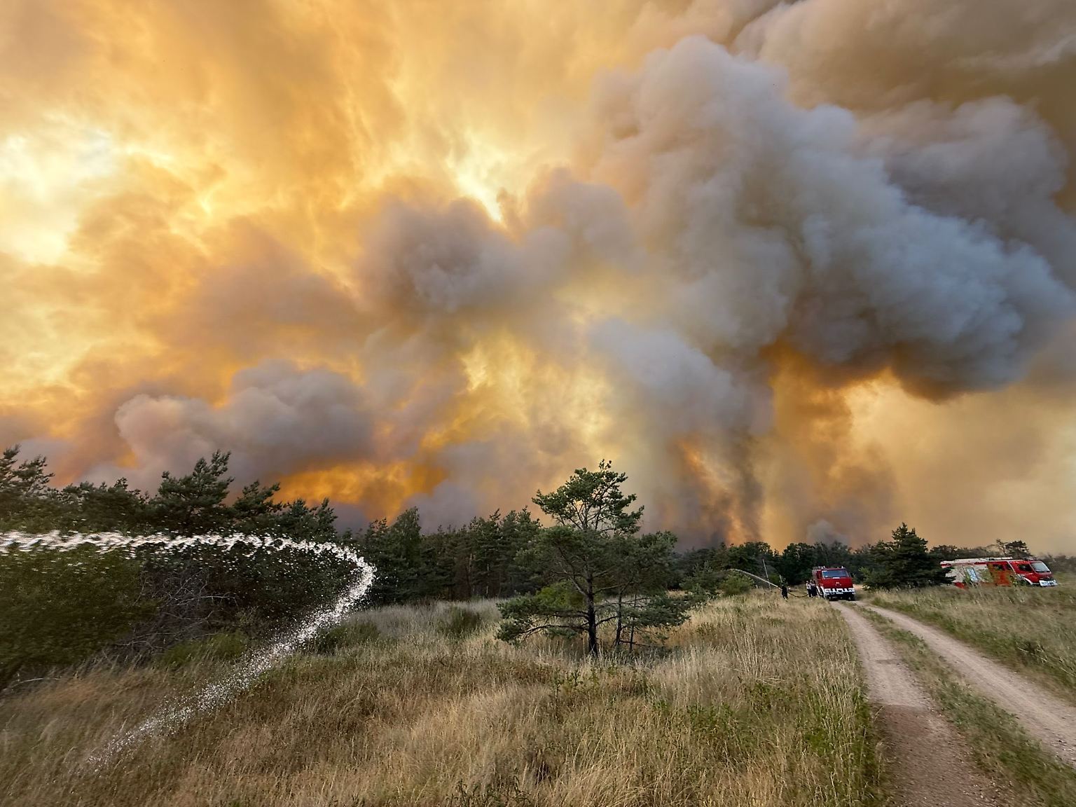 Der Waldbrand in der Gohrischheide an der Landesgrenze von Sachsen und Brandenburg ist weiterhin eine Gefahr für mehrere Ortschaften.
