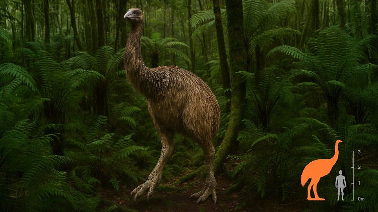 Der an einen Strauß erinnernde Moa hatte einst eine Größe von etwa dreieinhalb Metern und lebte auf der Südinsel Neuseelands.