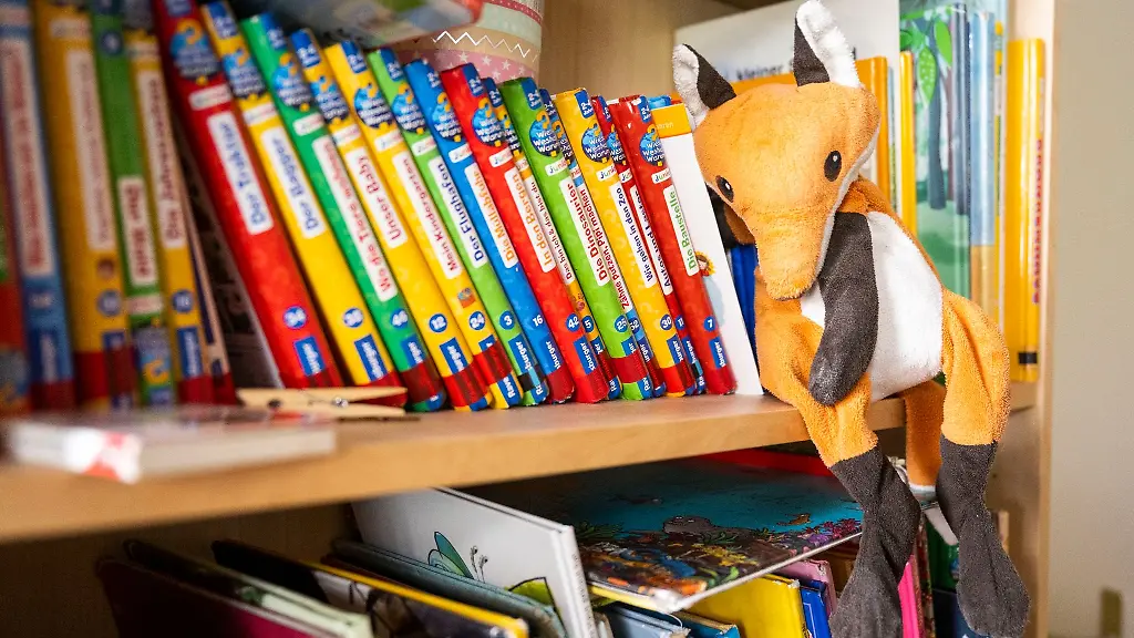 Kinderbuecher-stehen-in-einem-Buecherregal-einer-Kita