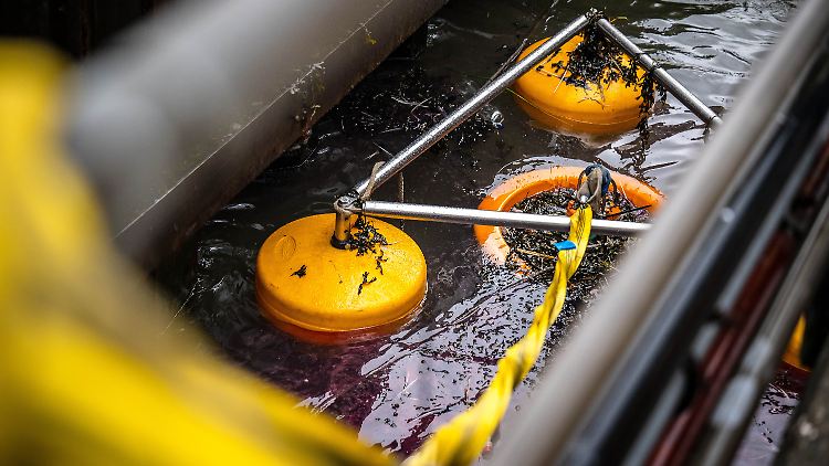 Mit speziellen Geräten, sogenannten Skimmern, versuchen Einsatzkräfte, das ausgelaufene Öl von der Wasseroberfläche zu entfernen.  