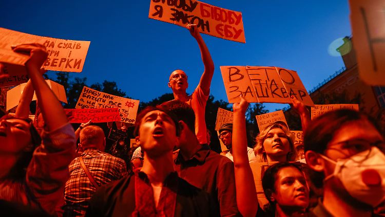 Demonstranten in Kiew. "Veto gegen Blamage", "Ich fi**e das Gesetz" und "Haben Sie die Öffentlichkeit gefragt?", steht auf den Schildern.